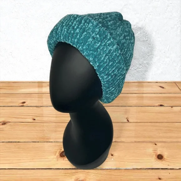 Handmade Super Soft Velvet Knit Beanie Handcrafted Hat Teal - Picture 9 of 11